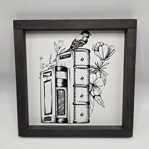 Cottagecore‎ Book Stack Wall Art 10x10 Framed Handmade Bird Botanical Decor